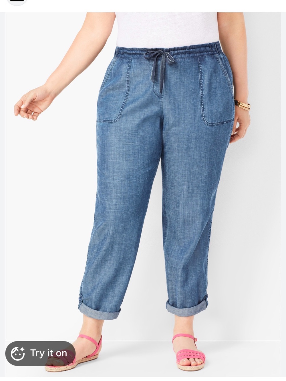 Talbots size 18 WP Drawstring Tencel Chambray Elastic waisted pants blue